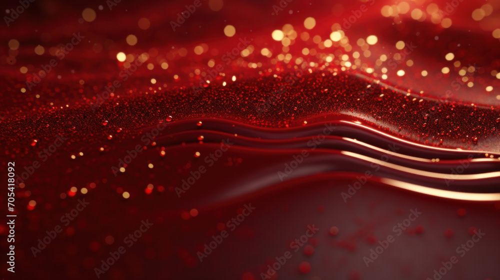 Poster close-up of shimmering red glitter waves with soft bokeh lights, creating a luxurious and festive ab