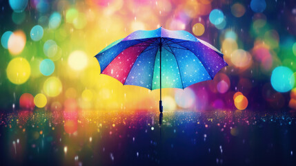 A bright umbrella under a shower of rain, surrounded by a magical display of colorful bokeh lights creating a cheerful ambiance.