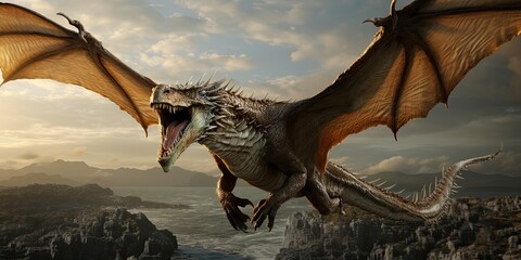 Majestic Flying Dragon over Mountainous Landscape at Dawn - obrazy, fototapety, plakaty