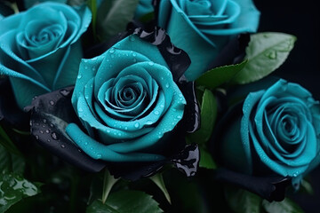 Turquoise wet roses with water drops on black background. Aquamarine flowers wallpaper or background. Generative AI.