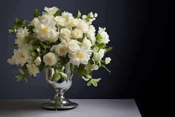 Flowers in golden vase. The decor of the room with fresh roses. Big bouquet of white flowers on pedestal with copy space. Wedding floral decoration. A simple arrangement of flowers for a funeral.