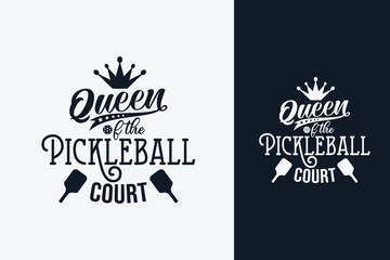queen of the pickleball court text art with a combination of beautiful lettering, crown, paddles, and a ball on the letter o. This is suitable for t-shirts, stickers, posters, etc.