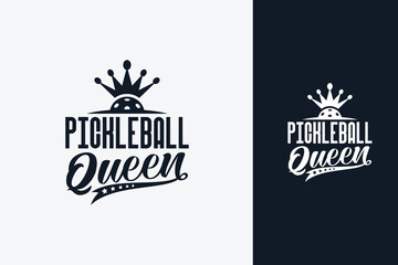 pickleball queen text art with beautiful lettering and a crowned ball. This is suitable for t-shirts, stickers, posters, etc.