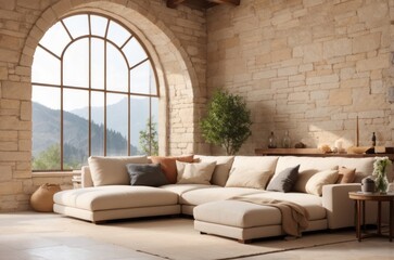 Rustic interior home design of modern living room with beige sofa and stone wall with arched windows, views of the mountains