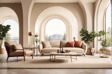 Interior home design of luxurious mid century style living room with beige sofa in room with arched window tree view