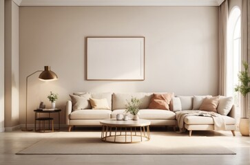 Interior home design of modern living room with beige sofa near white wall with empty mock up poster frame