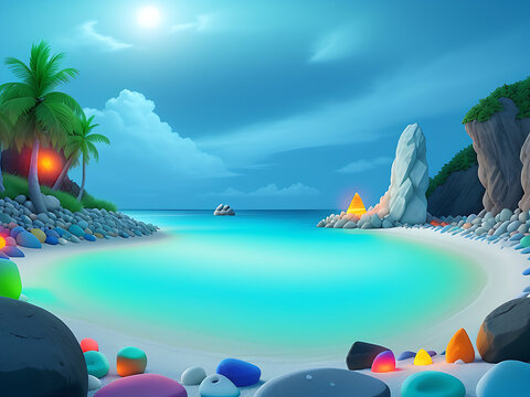 The white beach edge is colorfully illuminated and filled with luminous pebbles, vector illustration
