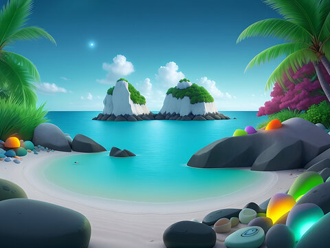 The white beach edge is colorfully illuminated and filled with luminous pebbles, vector illustration