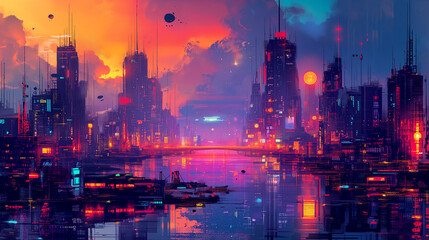 Fototapeta premium Dusk Descends Over a Neon-Soaked Futuristic Metropolis by the Tranquil Waterfront