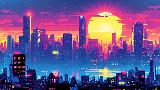 Dazzling Sunset Over a Futuristic Metropolis, A Vision of Urban Splendor