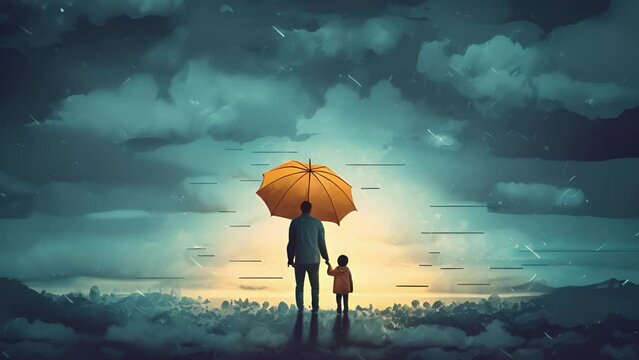 A parent in a protective stance shielding their child from a stormy sky ilrating the difficulties of shielding Psychology art concept.