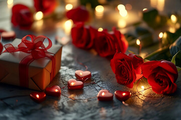 gift box composition with red ribbon, hearts, red roses and lights, on rustic wooden table, with blurred background, romantic valentine concept.
