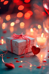 gift box with red ribbon and decorative hearts, blurred background, valentine's day concept