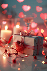 Gift box background with romantic ornaments, red bow and background lights on table, blurred background. Romantic Valentine's Day Concept, vertical image