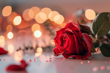 Red rose stretched on white table with back lighting, blurred background, romantic concept
