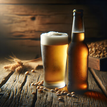 Frosty Bottle of Beer and a Glass of Beer on a Rustic Wooden Table