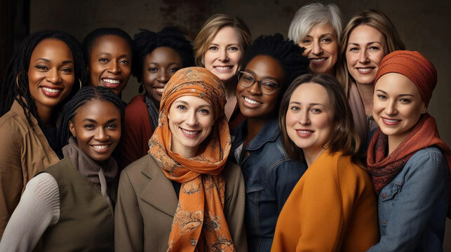 A group portrait of diverse women smiling from different races and colors,  DEI concept background, celebrating international women's day with Diversity Equity Inclusion