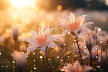 Dew-Kissed Morning: Early morning dew on flowers, with sunrise. - obrazy, fototapety, plakaty