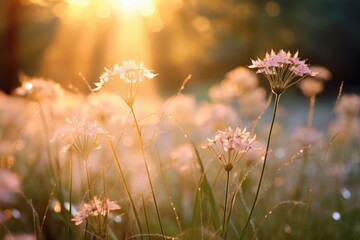 Dew-Kissed Morning: Early morning dew on flowers, with sunrise. - obrazy, fototapety, plakaty