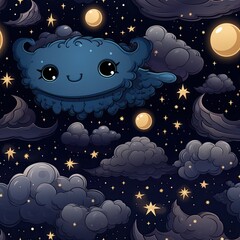 Cute Smiling Cloud among Stars and Moons in a Whimsical Night Sky