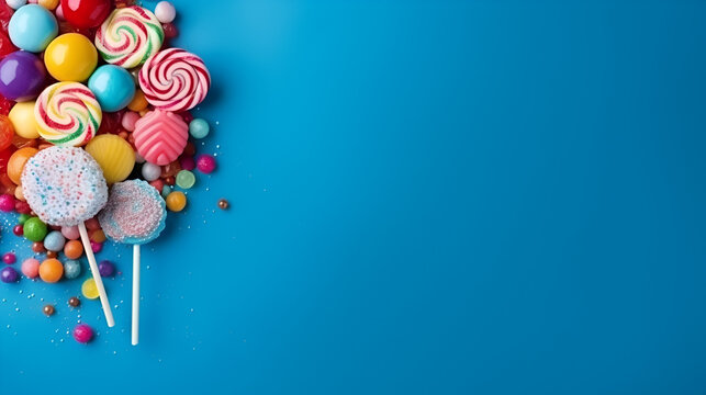 ice cream waffle cone with colorful lollipop on stick with light blue background copy space, generative ai