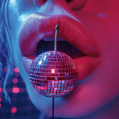 Pink lips licking a cherry in the shape of a small disco ball Generative AI