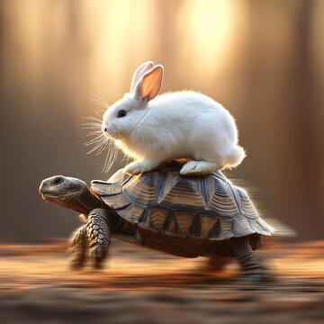 Photo of a real white rabbit riding on a speeding tortoise Generative AI