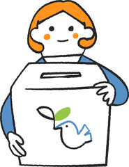若葉を加えた鳩の絵が描かれた募金箱を持った女性イラスト素材
