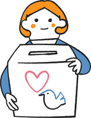 ハートと鳩の絵が描かれた募金箱を持った女性　イラスト素材
