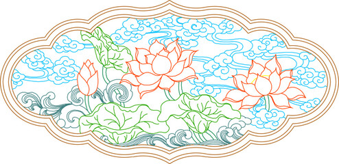Fototapeta na wymiar Sketch vector illustration design ornate sacred logo traditional ethnic symbol floral chinese lotus flower 