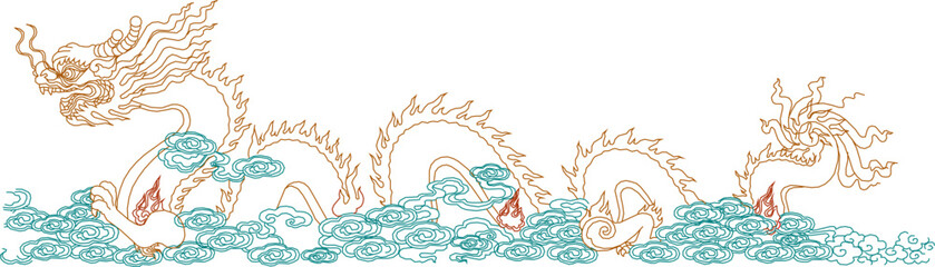 Sketch vector illustration design ornate symbol logo sacred item dragon flying on clouds