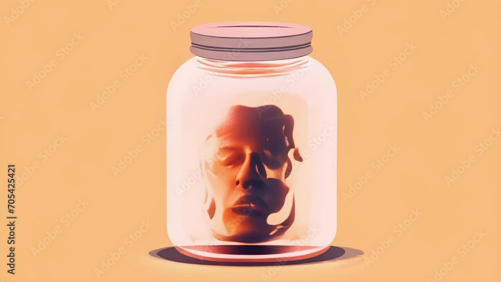 Poster a person with a brain in a jar with the different thoughts and feelings floating around inside the j