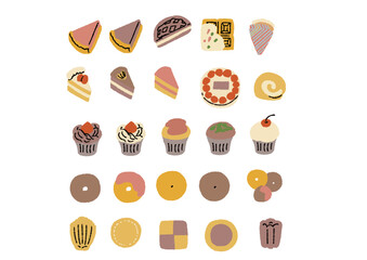 カップケーキ、ドーナツなど焼き菓子の手書きのイラストセット