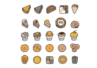 カップケーキ、ドーナツなど焼き菓子の手書きのイラストセット