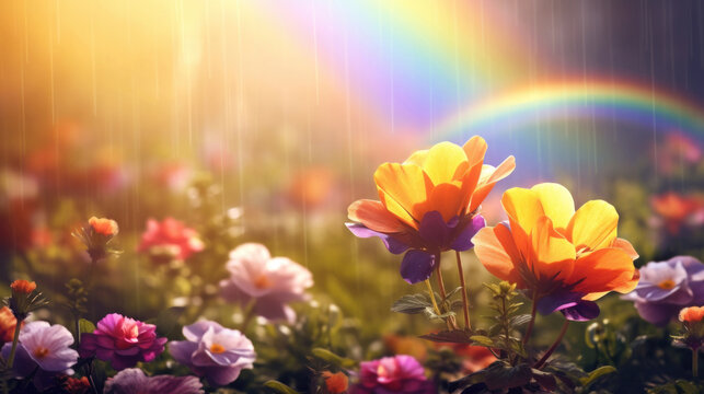 Vibrant garden flowers with a brilliant rainbow appearing during a sunshower, creating a magical and cheerful scene.