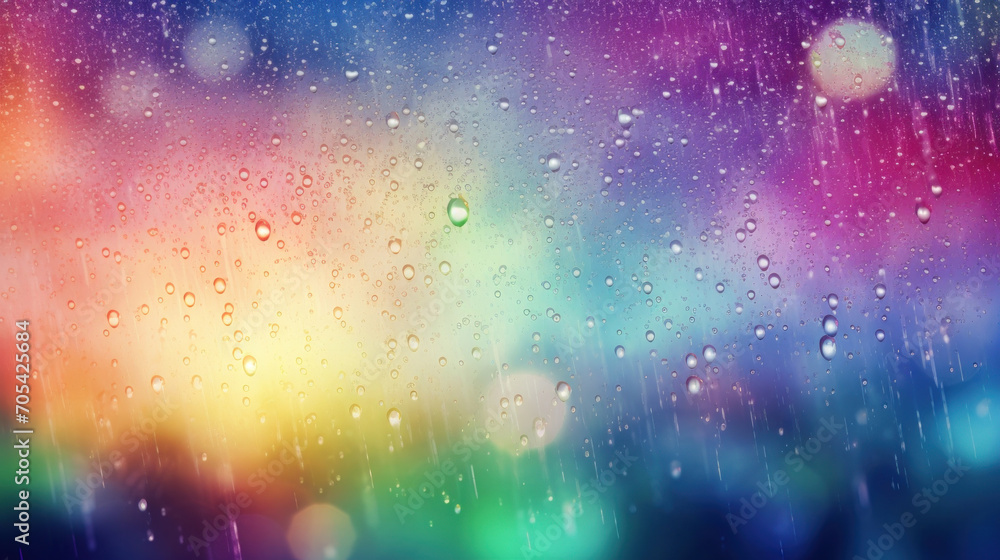Poster raindrops on a transparent surface with a colorful bokeh effect, creating a dreamy and abstract back