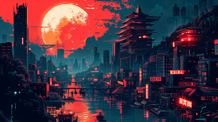 Fototapeta premium Neon Dreams and Cybernetic Echoes, A Dystopian Cityscape at Twilight. Beautiful Cyberpunk Cityscape With Sunset.