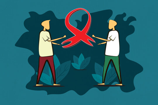 Illustration of person holding red ribbon, International AIDS Day flat style