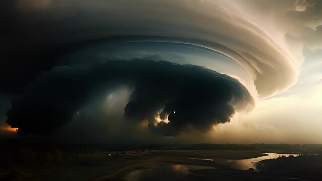 A churning funnel cloud, dark grey clouds rapidly rotating around a central eye