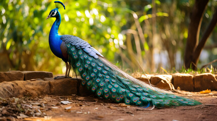 Indian Blue Peacock in Yala National Park, south-east Sri Lanka, generative ai - obrazy, fototapety, plakaty
