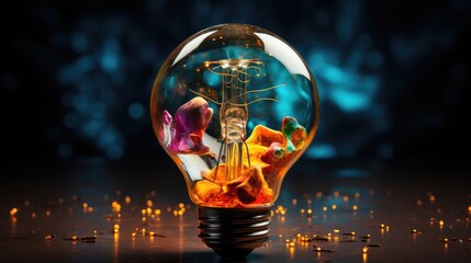 Creative light bulb with colorful paint splashes on black background. Dry paint splash.