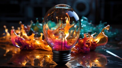 Creative light bulb with colorful paint splashes on black background. Dry paint splash.
