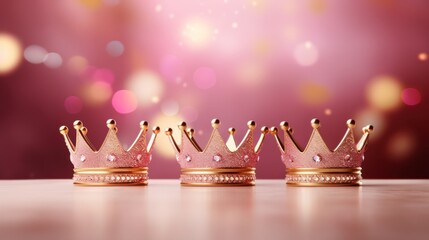 Three pink princess crowns with jewels on a reflective surface and bokeh.