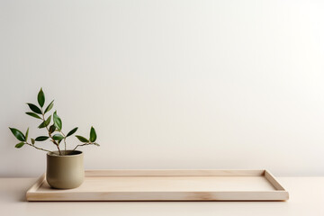 Still life, nature, interior and design concept. Green plant in pot placed on wooden pallet in...