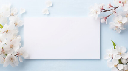 Delicate cherry blossoms framing a blank white space on a light blue background.