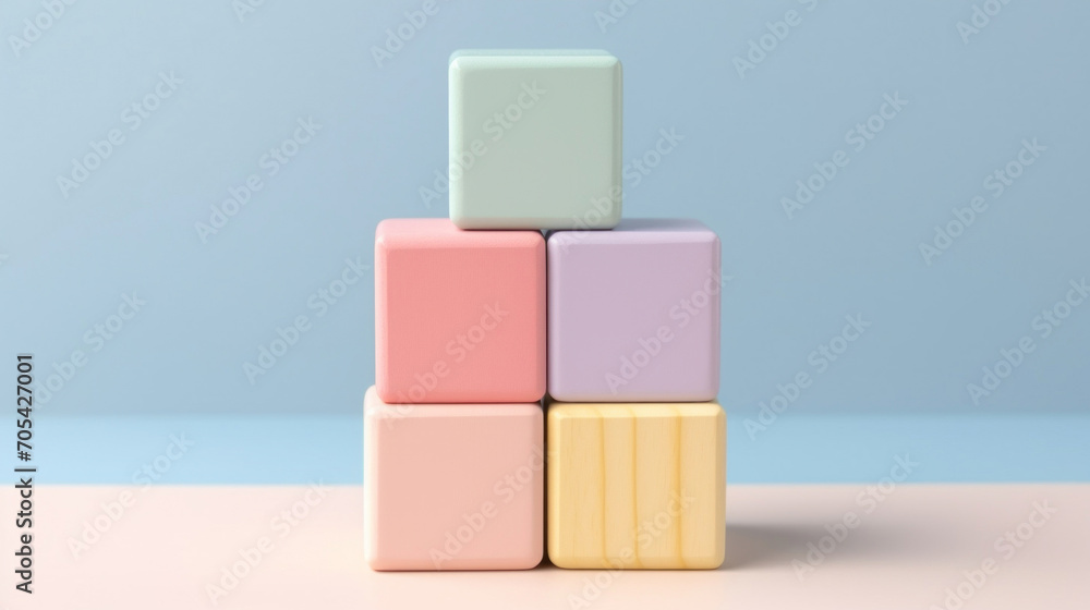 Poster pastel-colored building blocks neatly stacked against a two-tone background.