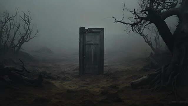An eerie fog creeping up to an old rotten door to an unknown place surrounded by a dead landscape.