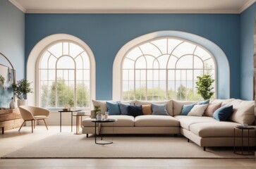 Fototapeta premium Interior home design of modern living room with beige sofa and blue pillows with blue walls, arched window with forest views