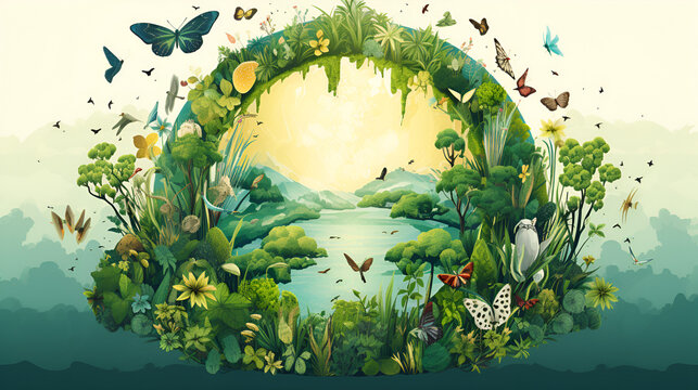 Important day for showcasing biodiversity through illustrations of the earth s green environment and rich fauna and flora Copy space image Place for adding text or design, generative ai