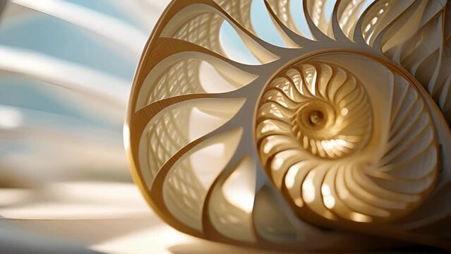 An intricate closeup of a nautilus shell, displaying its logarithmic spiral pattern, a result of the Golden Ratio.